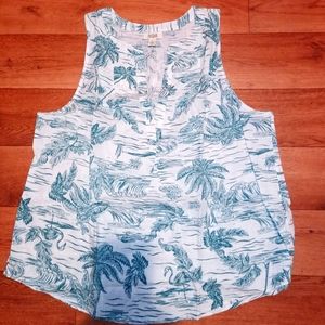 A.N.A Sleeveless Linen Blouse Tropical Print Blue Green Size L